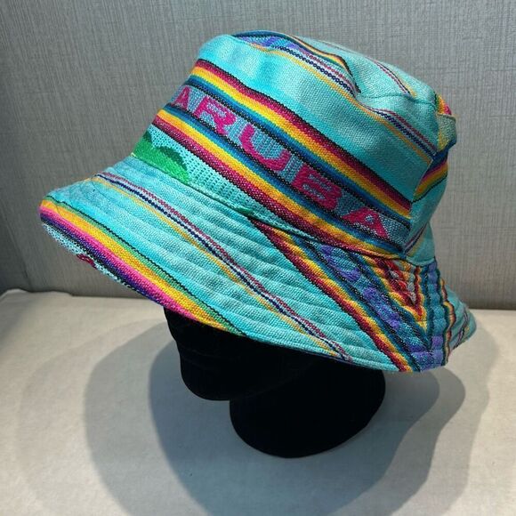 Aruba Reversible Bucket Hat Blue Turquoise Stripe Sun Packable Travel Outdoors - Picture 2 of 8